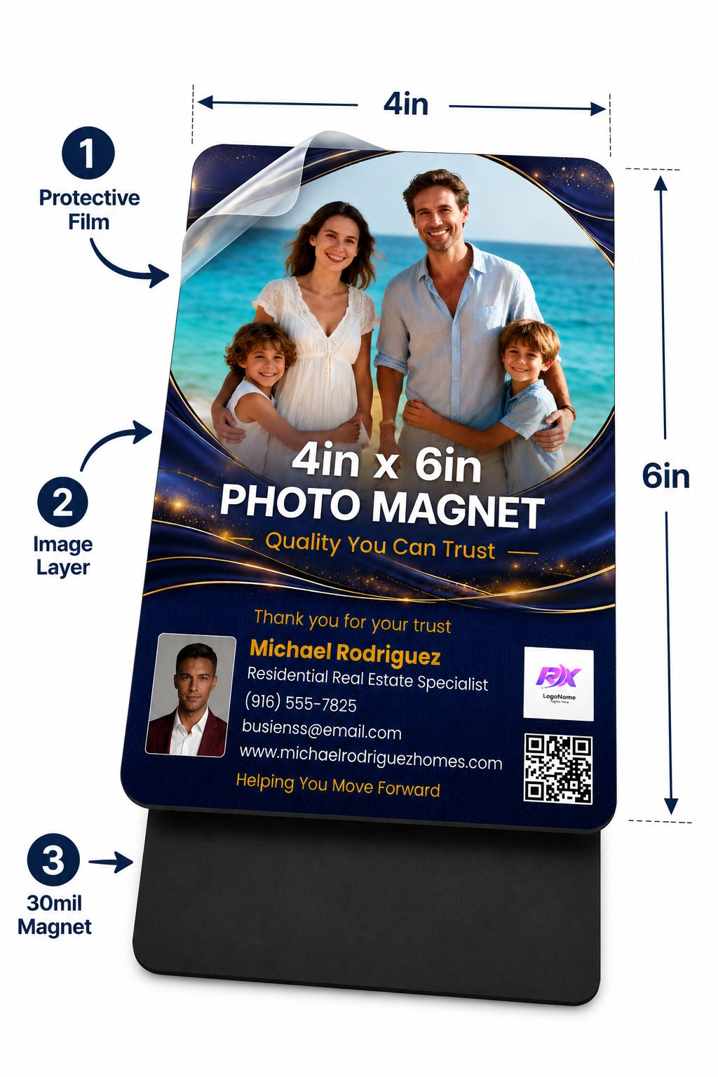 4x6 photo magnet showing protective film, image layer, and 30 mil magnet backing